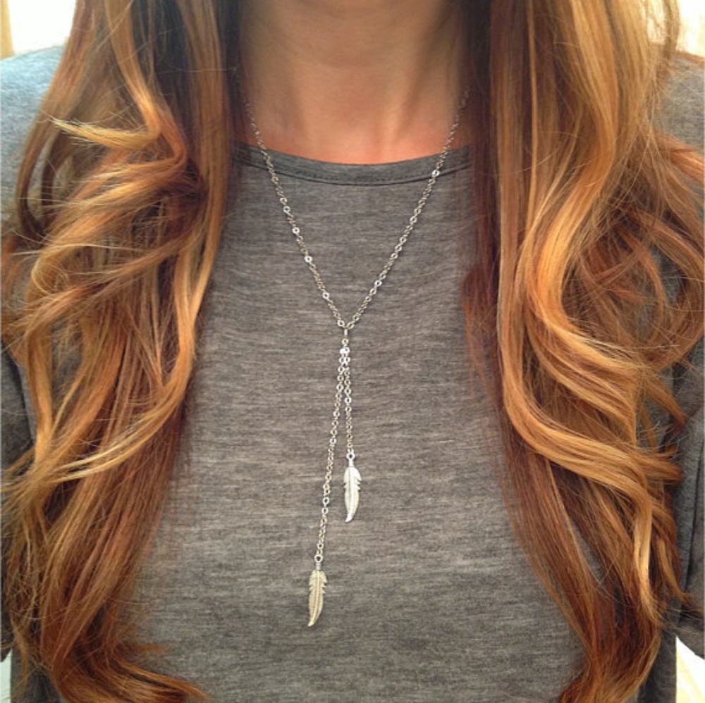 Boho Feather Necklace 2 Drop Charm Silver Necklace NWOT